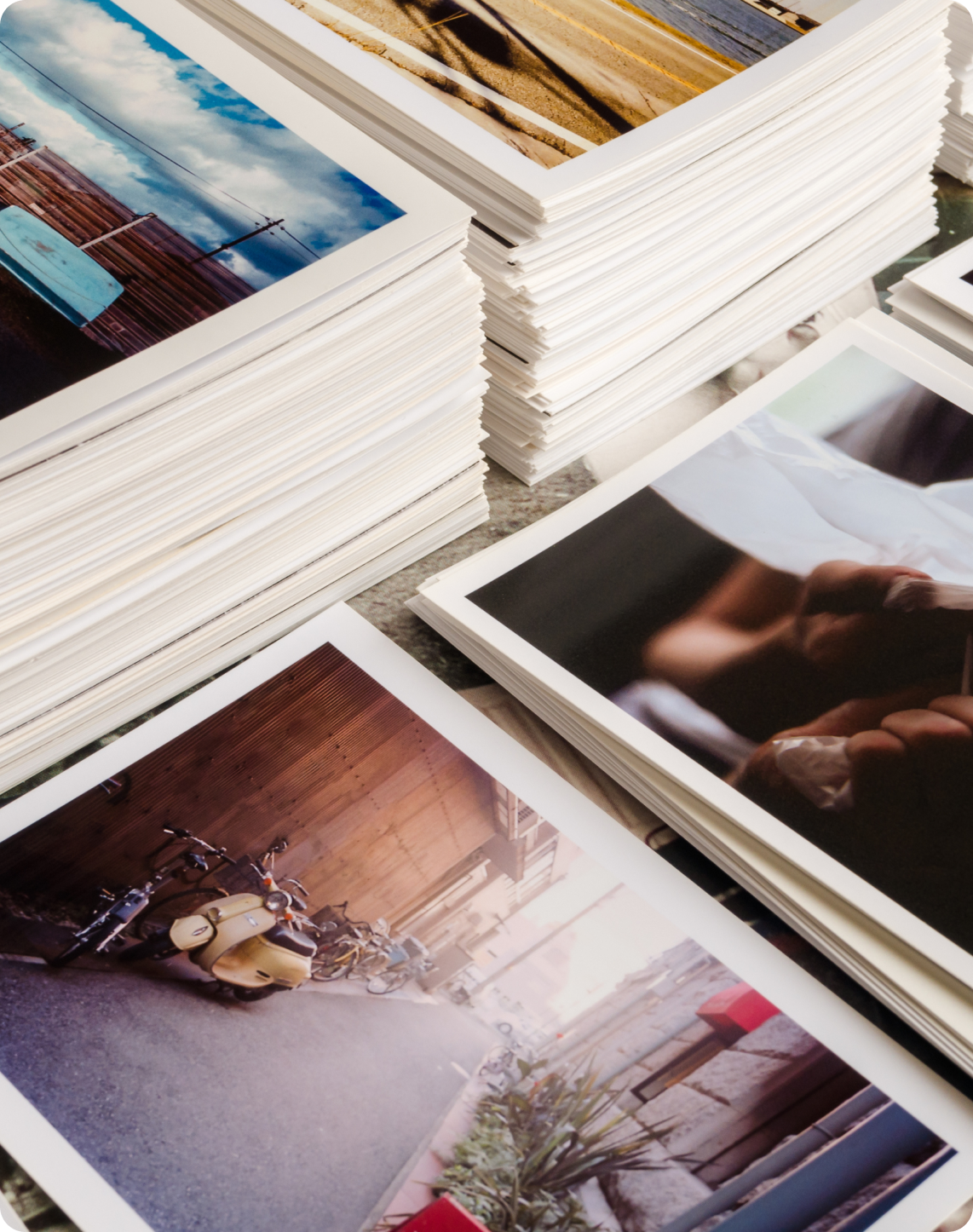 A stack of photos on a table